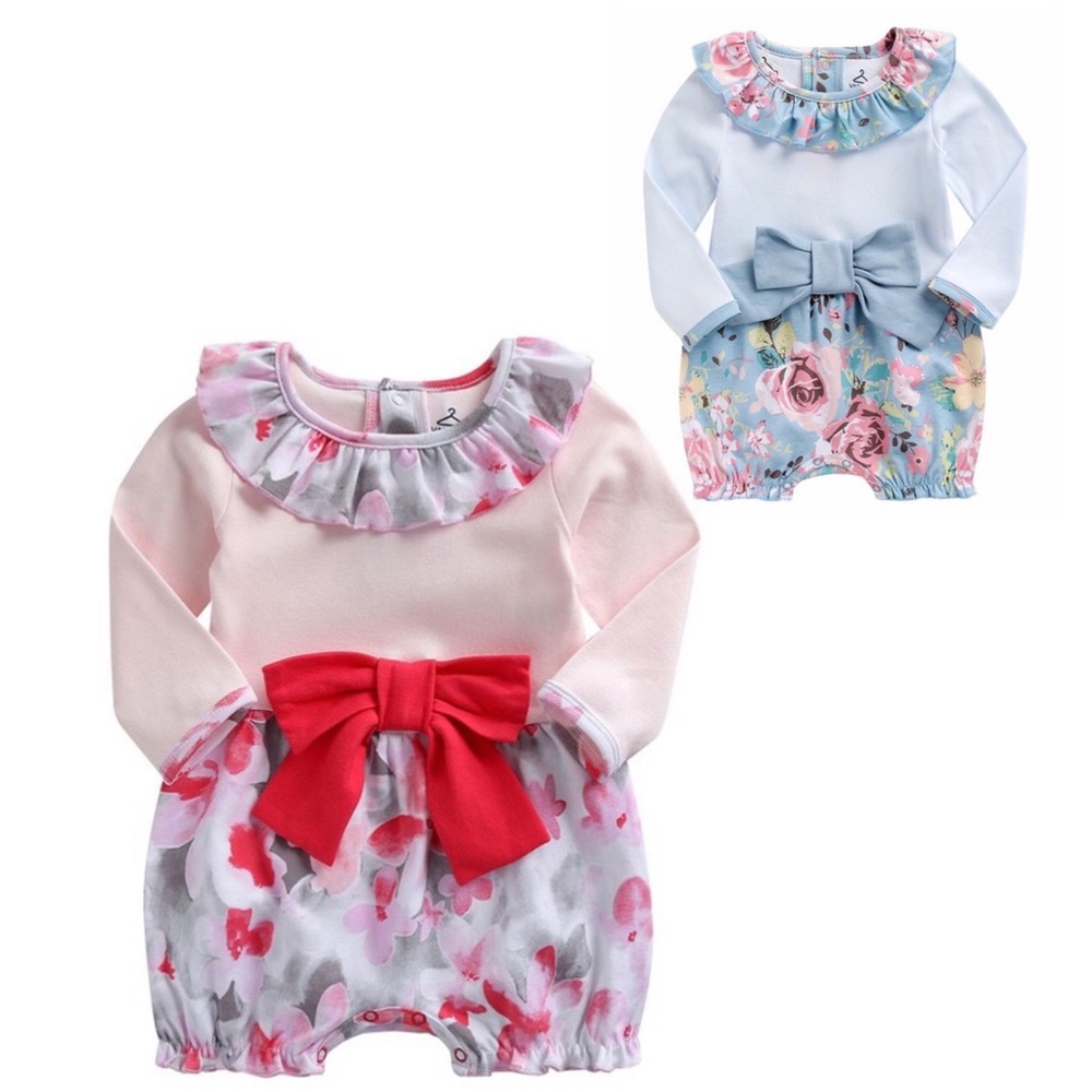 Floral Print Large Bow Long Sleeve Bubble Shorts Bodysuit - Picture 1 of 4